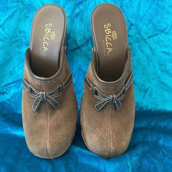 𝅺SBICCA clog mules SZ 8.5 Brown suede leather bows - Picture 1 of 9